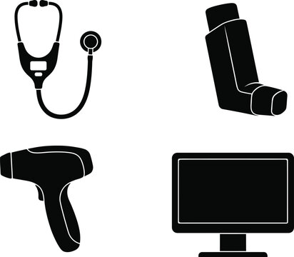 Set of medical equipment icons including a stethoscope an asthma inhaler a barcode scanner and a computer monitor