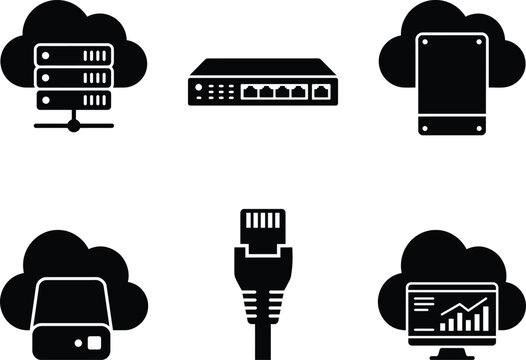 Set of black network and cloud computing icons including servers routers ethernet cables and data analytics symbols