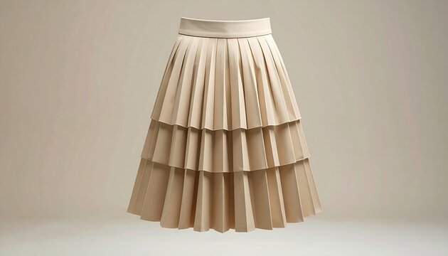 Light beige pleated midi skirt with elegant tiered design, women fashion product photography