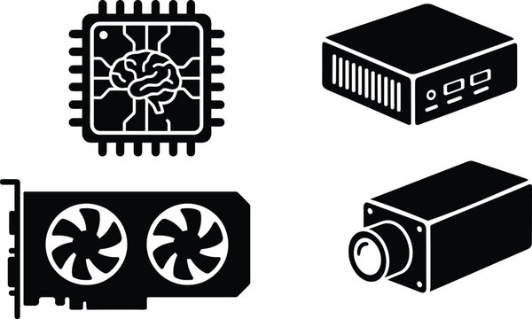 Set of black and white computer hardware icons featuring a processor brain graphics card and camera