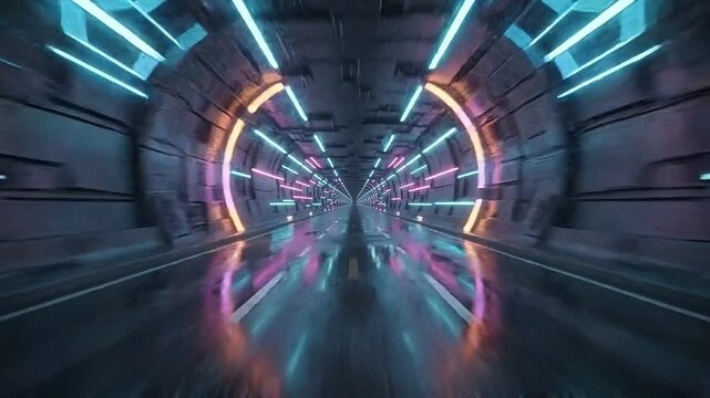 Futuristic Sci-Fi Tunnel Corridor with Neon Lights. Cyberpunk Architecture with Reflections. Blue and Pink Energy Waves creating a motion blur effect in a digital futuristic passageway design