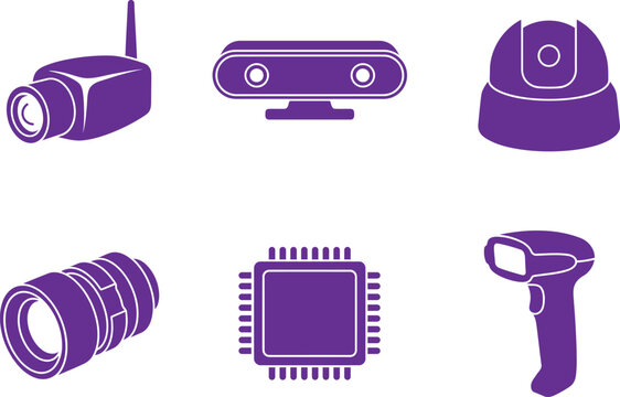 Set of purple icons representing various modern electronic devices and advanced computer hardware technology components on white