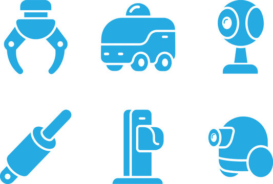 Set of blue flat icons representing modern technology robotics automation and advanced digital communication devices and tools