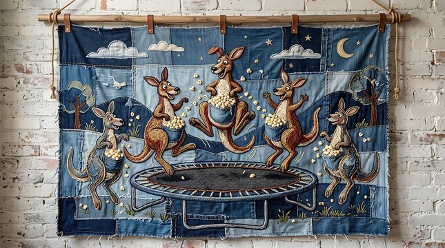 Denim patchwork tapestry with kangaroos on a trampoline. Blue fabric wall hanging for nursery decor. Quilted textile art with animals.