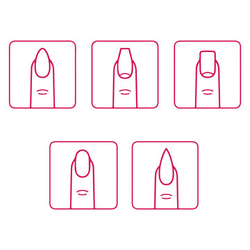 Nail Shape Vector Collection Featuring Popular Manicure and Pedicure Nail Styles Including Oval, Square, Round, Almond, Coffin, Stiletto and Squoval Shapes Isolated on White Background