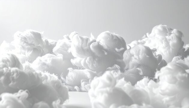 soft white synthetic polyester stuffing fluff, lightweight fiber texture, cloud-like appearance, clean studio background