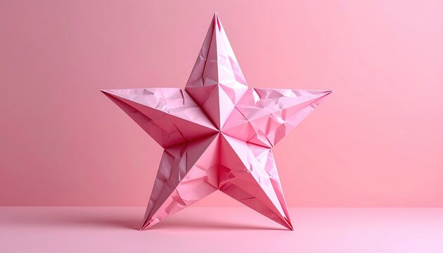 pink crumpled paper star with realistic fold texture, playful handmade paper decoration, pastel background