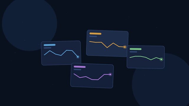 Floating KPI dashboard tiles bobbing with animated trend lines