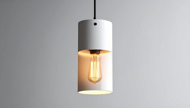 White cylindrical pendant lamp with exposed warm light bulb, modern minimalist ceiling fixture, realistic product photography