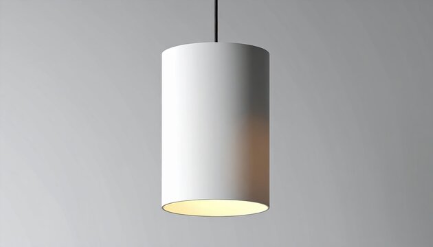 White cylindrical pendant lamp with exposed warm light bulb, modern minimalist ceiling fixture, realistic product photography