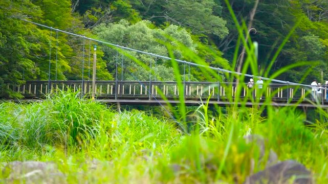 Kurenai Suspension Bridge and River Stream in Shiobara Onsen Resort, Nasushiobara, Tochigi, Japan