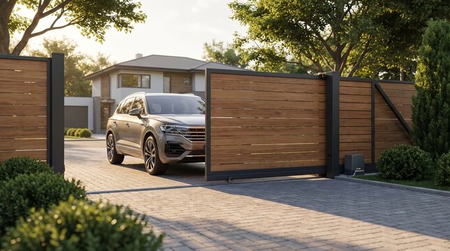 Modern SUV driving through automatic wooden driveway gate