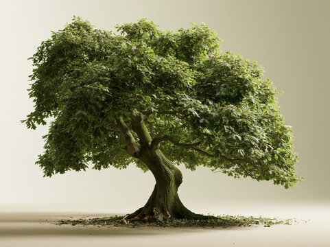 Mature broadleaf tree with a dense green canopy and textured mossy trunk, isolated on a neutral background for architectural visualization and garden design