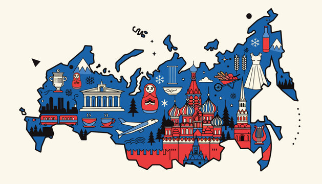 Illustrated Map of Russia with Iconic Landmarks and Cultural Symbols in Flat Design