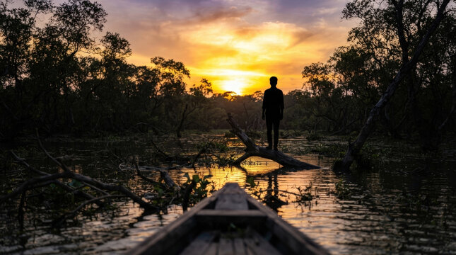 Person standing on fallen tree trunk inside dense swamp forest during vibrant golden sunset provides immersive travel imagery.