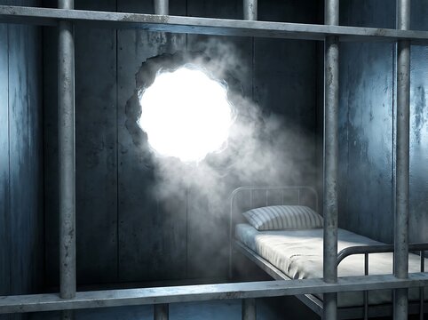 View from inside a dark prison cell with metal bars and a glowing hole in the wall with bright light streaming through the opening at night