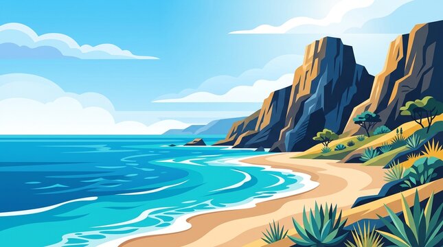 A bright vector painting of a scenic coastal landscape featuring dramatic cliffs, a sandy beach, and gentle turquoise waves under a sunny blue sky with soft clouds.
