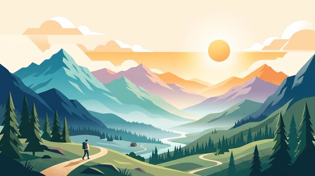 A lone hiker walks along a winding mountain trail during a golden sunrise, surrounded by majestic peaks, pine forests, and a peaceful valley in a modern vector painting.