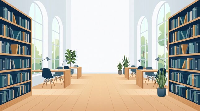 A bright vector illustration of a modern library interior featuring tall bookshelves, study desks with chairs, potted plants, and large arched windows flooding the room with natural light.
