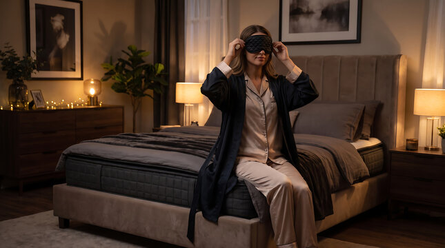 Woman wearing sleep mask getting ready for bed in cozy dark bedroom