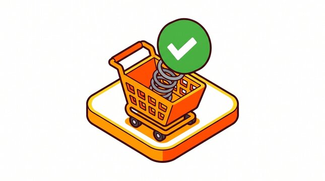 Isometric shopping cart with jumping spring and green checkmark icon on white background
