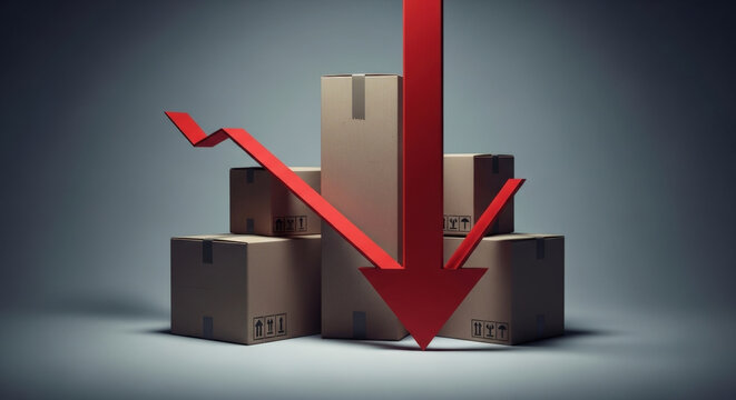 Red downward arrow crashing through cardboard boxes depicts financial crisis market decline and shipping logistical failure impact.