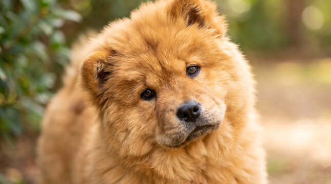 Close up portrait of a cute fluffy brown Chow Chow puppy dog