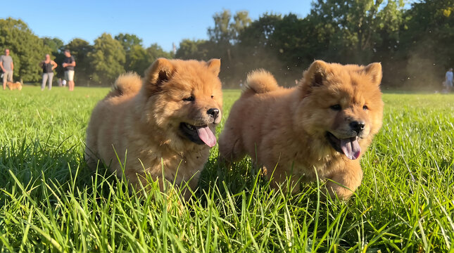 Two adorable Chow Chow dogs playing and running in green grass field
