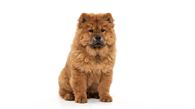 Studio portrait of a fluffy Chow Chow dog sitting on white background