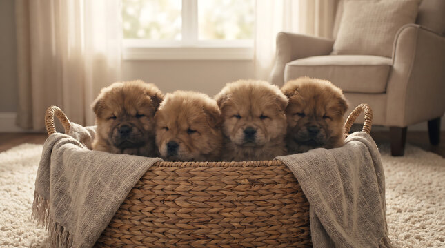 Litter of cute Chow Chow puppies resting together in a woven basket