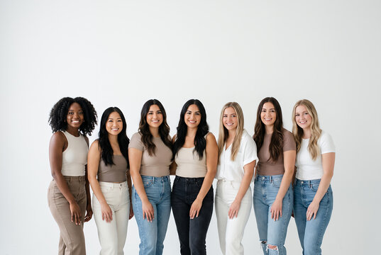 Group of seven diverse young women smiling portrait white background
