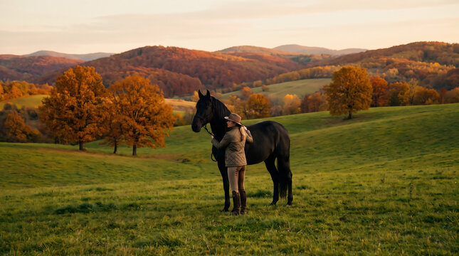 Majestic dark horse standing alone in a vast green mountain landscape