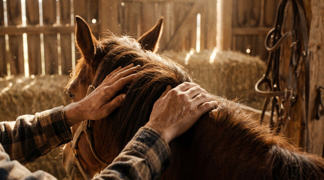 Close up of hands gently stroking a brown horse mane and head