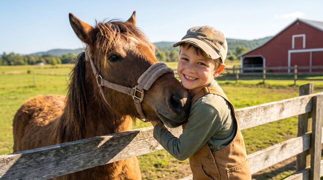 Happy female equestrian bonding with her brown horse by a wooden fence