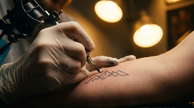 Close up of tattoo artist using machine to ink geometric mountain design