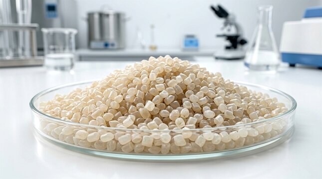 Macro photography of biodegradable plastic pellets used for sustainable manufacturing and packaging.
