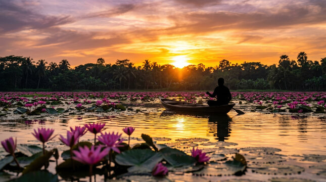 Silhouette of man rowing small boat in vast lake covered in pink water lilies during beautiful sunset in rural bangladesh.