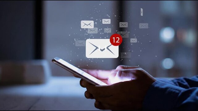 This video content shows a person holding a smartphone and checking their email at night. The phone screen displays an email icon with a red notification of unread messages. The background is blurry.