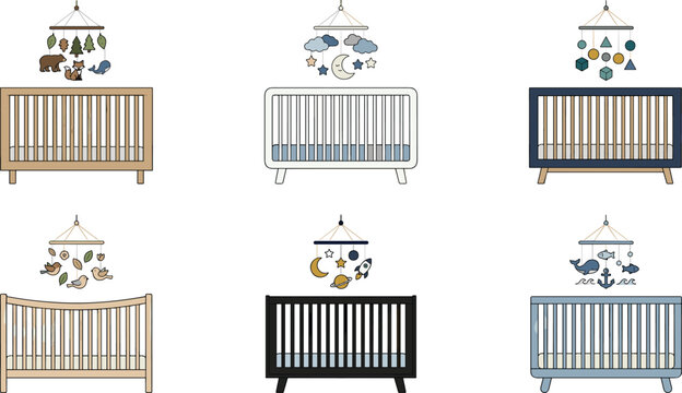 Baby cribs with hanging mobile toy vector illustration collection, wooden cot nursery furniture, icon set