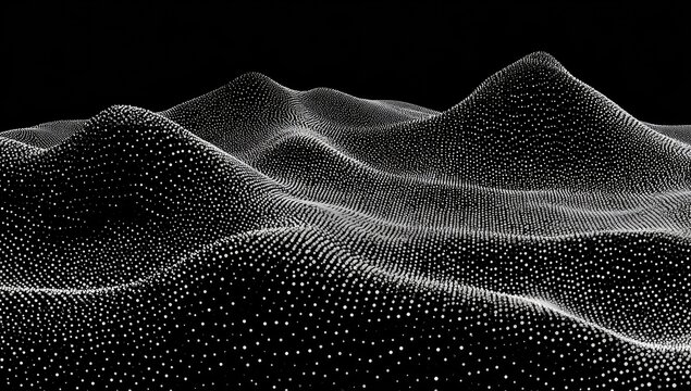 Abstract, shimmering dotted landscape with rolling hills in darkness