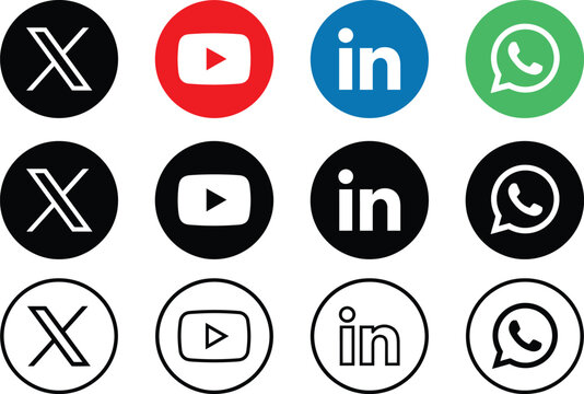 Collection of social media icons in solid circle and thin stroke line styles.