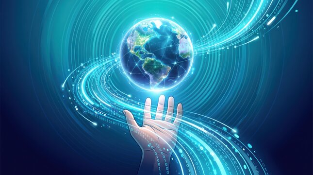 Hand holding glowing earth globe surrounded by swirling binary code streams representing global connectivity and digital transformation, abstract of internet of things connecting