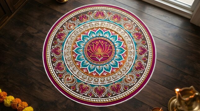Beautiful circular rangoli design with lotus flower patterns and vibrant colors on a wooden floor, created for traditional indian festivals