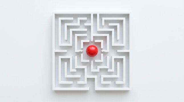 Red ball positioned at center of white square maze labyrinth with arrows pointing inward symbolizing problem solving, finding solutions, strategic planning, focus