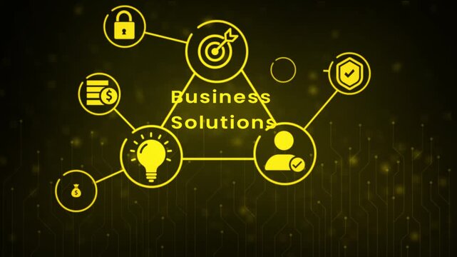 A bright yellow abstract diagram showcasing business principles of idea generation target accomplishment and customer interaction set against a dark textured background with illuminated circuitry