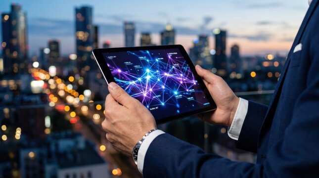Businessman using tablet displaying vibrant network connections against city skyline at dusk, urban digital infrastructure, smart city development, IoT ecosystem expansion