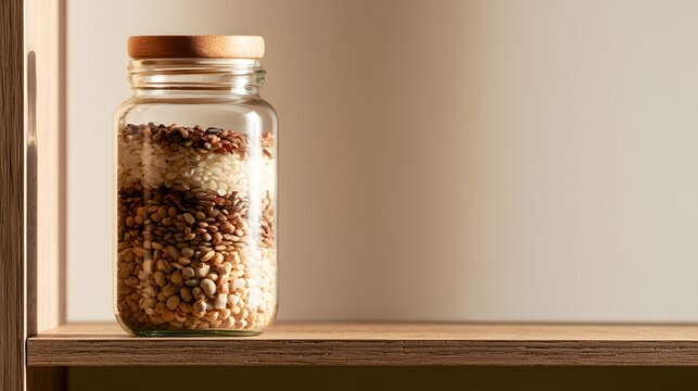 A single glass storage jar filled with neatly layered dry ingredients represents a systematic and visually appealing pantry. The concept combines organization with clean kitchen aesthetics.