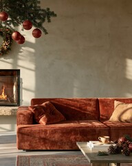 Naklejka premium Cozy living room with a plush terracotta sofa and decorated pine branch, featuring a glowing fireplace for seasonal home decor and lifestyle marketing