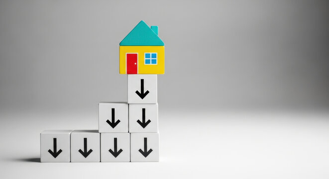 Toy house resting on white cubes with black downward arrows symbolizing property market decline or reducing real estate prices.