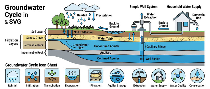 Groundwater Cycle and Water Supply Diagram